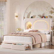 Hiphuta Full Size Velvet Upholstered Bed Frame with Storage Headboard, 2 Rolling Drawers, RGB LED Lighting, USB Charging Station, White
