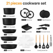 NULAS 21 Piece Cookware Set, Nonstick Ceramic Coating, Stackable with Detachable Handle, Oven Safe, Dishwasher Safe, Black, W-PPS-B