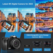 Actitop 48MP Autofocus 5K Digital Camera WiFi Vlogging Camera, Black with UV Filter and 2 Batteries