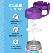 Thermos Kids Stainless Steel Funtainer Water Bottle with Push Button Straw Lid, Leak Proof, Dishwasher Safe, Purple Princess, 14oz, F40524PNW4