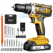 Cshidworld 20V Cordless Power Drill Set, Brushless Motor, 3/8-Inch Keyless Metal Chuck, 2 Variable Speeds, LED Work Light, 34-Piece Drill and Driver Bit Kit, Yellow