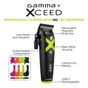 Gamma+ XCeed Professional Hair Clipper, Cordless with IN2 Vector Motor, Adjustable Blades, USB-C Charging, Taper Lever, and Magnetic Guards, Black, GP609B