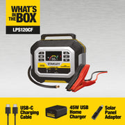 Stanley FatMax Car Battery Booster with 120 PSI Air Compressor, USB PowerStation, Solar Compatible, Yellow, LPS120CF
