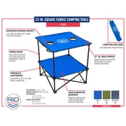 Rio Beach Folding Outdoor Table, 22in Square Blue Fabric Top with Integrated Cupholders and Storage Shelf, Lightweight Steel Frame, FTS22-46-1