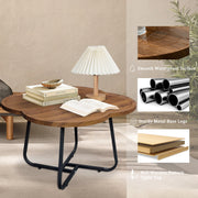 CERBIOR Vintage Modern Small Round Coffee Table, Wood Flower Finish, Wooden Surface Top, Sturdy Metal Legs, Raised Edge Design, 15 in