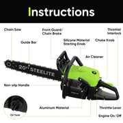 Steelite Gas Chainsaw, 62CC 2-Stroke Petrol Engine, 20-Inch Guide Bar, Handheld Cordless Design, Green