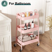ZUNMOS 3 Tier Utility Rolling Cart, Metal Mobile Storage Cart with Lockable Caster Wheels, Pink - Movable & Lockable