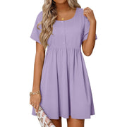 MOSHU Summer Dress for Women, Crewneck, Short Sleeve, A-Line Midi Dress with Button Front and Pockets, Light Purple, Plus Size 2XL