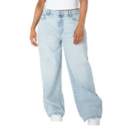 Celebrity Pink Women's Baggy Wide Leg Jeans, Light Stone Wash, Mid Rise Banded Waist, Soft Stretch Denim, Multiple Inseams 30