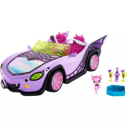 Monster High HHK63 Toy Car, Ghoul Mobile with Pet and Cooler Accessories, Purple Convertible with Spiderweb Details