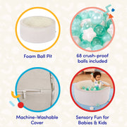 Battat Hop In Ball Pit Cozy Colors Foam, Collapsible Indoor Toddler Ball Pit with 68 Multicolor Crush-Resistant Balls, Gray and Mint
