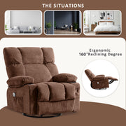 JONPONY Massage Swivel Rocker Recliner Chair with Heated Vibration Massage, Ergonomic Lumbar Support, USB Charge Port, 2 Cup Holders, Side Pocket, Brown