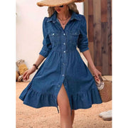 Women's Blue A-Line Denim Dress with Ruffle Swing Hem, M