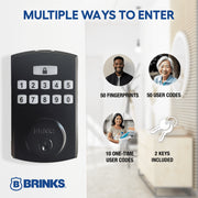 Brinks Electronic Fingerprint and Keypad Deadbolt with Pro-Guard, Matte Black, ANSI Grade 3 Security Lock, 4392-122