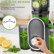Pukomc Slow Juicer, 300W Cold Press Juice Press with 5.3 in Wide Feed Chute, One-Touch Operation, Auto Stop, Reverse Function, Easy Clean, Includes Juice and Pulp Cups, Silver Gray MP802K-gray