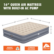 Ozark Trail Queen Air Mattress, 16 in Thick, Built-In AC Pump, Supportive Coil Beams, Soft Velvet Surface, Indoor Use, 11671KDUSX26