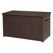 Keter Java XXL 230 Gallon Resin Outdoor Deck Box, Weather-Resistant Rattan Texture, Hydraulic Piston Soft Close, Large Grey Storage