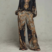 Zanvylia Womens Baroque Printed Two-Piece Set, V-Neck Lantern Sleeve Top, Black Gold Palazzo Wide Leg Pants, Retro Luxury