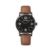 Wenger Urban Metropolitan Wristwatch, Swiss Quartz, Water Resistant 100m, Black Dial, Brown Leather Strap, 44mm Stainless Steel Case, 01.1741.134
