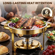 CATGOOD 4 Pack Chafing Dish Buffet Set, 6QT Stainless Steel Food Warmers with Tempered Glass Lids and Gold-Plated Stands, Round Buffet Servers for Parties and Catering, 25-4PK