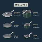 Ninja CW38000GN Ceramic Pro 10-Piece Cookware Set, Aluminum and Stainless Steel, Non-Stick Set, Glass Lids, Stove to 550F Oven Safe, Dishwasher Safe, Green