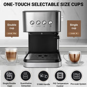 Espresso Machine 20 Bar, 1.5L Water Tank with Milk Frother Steam, Stainless Steel Coffee Maker for Espresso