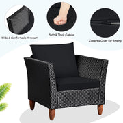 Costway HW66532BK 3-Pieces Wicker Patio Conversation Set Wooden Table Top with Black Cushions - Black