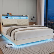 Cocosity Floating Upholstered Bed Frame, Queen Size, Beige, Ergonomic Adjustable Storage Headboard with USB Charging, RGB LED Lighting, Metal Frame