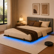 Behost Full Size Floating Bed Frame Upholstered with LED Lights and Built-in Charging Station, Metal Bed Frame, Gray
