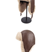 CassandraHayley Winter Leather Trapper Hat, Thick Fleece Lined Earflap Cap, Windproof Thermal Aviator Hat, Warm Fur Bomber Cap