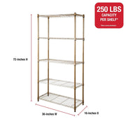Rubbermaid 5-Tier Heavy Duty Wire Shelving Unit, Bronze Finish, Adjustable Shelves, 36in W x 16in D x 72in H, 1250lb Capacity