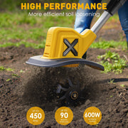 HUSGW Cordless Garden Tiller Cultivator, 21V Lithium-Ion Battery, 9In Tilling Width, 6In Depth, 270RPM, with 2 4.0Ah Batteries and Charger