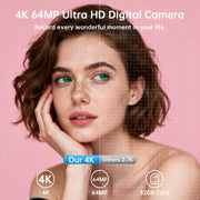 ACTITOP Digital Camera, 64MP UHD 4K, WiFi Enabled, 3-Inch 180 Flip Screen, 16X Digital Zoom, Point and Shoot, Black