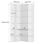 Homfa Corner Bookcase, 73.9 in Tall L-Shaped 6 Tier Bookshelf with Curved Edges, White