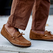 Minnetonka Tie Tread Men's Suede Moccasin Slippers, Water-Resistant Ruff Leather Upper, MinnTREAD Rubber Sole, Brown, Size 11.5