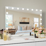 Fenchilin Vanity Mirror with 18 LED Lights, Adjustable Brightness, USB Charging, 32 x 23 in White Metal, Tabletop and Wall Mount, 5846