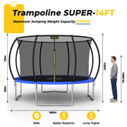 Mersco 14ft Pumpkin-Shaped Outdoor Trampoline with Safety Enclosure Net, Galvanized Steel Frame, Blue