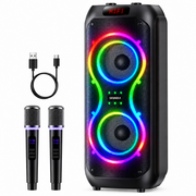 Seenda Karaoke Machine, Portable 50W Bluetooth Party Speaker with Dual 8-Inch Speakers, 2 Wireless Microphones, LED Disco Light, Black, BSE-100