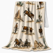IRGFVVCN Western Ranch Riders Flannel Throw Blanket, Classic Cowboy Design, Warm Cream Polyester