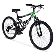 Hyper Bicycles 26 Shocker Mountain Bike, Full Suspension Steel Frame, 18-Speed Twist-Grip, Linear-Pull Brakes, Black/Green, HYP-T26-1444