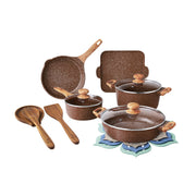 The Pioneer Woman PWS542769314491 Prairie Signature 14-Piece Cast Aluminum Cookware Set, Brown Speckle, Nonstick Interior, Glass Lids, Acacia Utensils