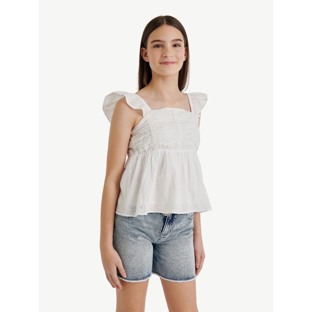 Justice Girls Babydoll Top, 100% Cotton, Ruffle Straps, Eyelet Details ...