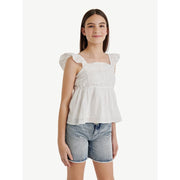 Justice Girls Babydoll Top, 100% Cotton, Ruffle Straps, Eyelet Details, WHITE, XL