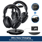 Simolio Dual Wireless Headphones for TV Watching with 2.4GHz Transmitter, Charging Stand, Spare Battery, Voice Clarity Technology, Tone and Balance Control, 100ft Range, Over-Ear, Black