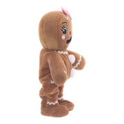 Holiday Time Animated Musical Gingerbread Girl Plush, Brown and White, 12.5 Inch, Pink Bow