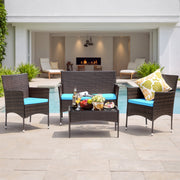 Lacoo 4 Piece Outdoor Patio Furniture Set, PE Rattan Wicker, Steel Frame, Blue Cushions, Loveseat, 2 Chairs, Coffee Table, GS-4RCS8BU