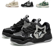 CHICVOMEY Star Chunky Platform Walking Shoes, Wide Lace-Up, Rubber Sole, Y2K Star Design, Black