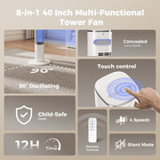 TASKBAY Tower Fan, 40-Inch Bladeless Electric Fan, 90 Oscillating Stand Fan with Remote, 4 Speeds, 26 ft/s Airflow, 12-Hour Timer, Ultra-Quiet 28 dB, White, TF011