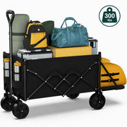 Favoyard Collapsible Wagon, 300lb Capacity, Extended Tailgate, All-Terrain 360 Wheels, Adjustable Handle, Drink Holders, Black, 100L