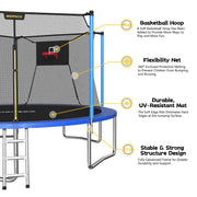 Mersco 14ft Backyard Trampoline with Galvanized Steel Frame, Enclosure Net, Basketball Hoop, Blue